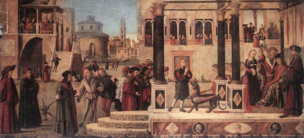Витторе Карпаччо. Изгнание беса из дочери императора Гордиана св. Трифоном. 1507 г., Италия.