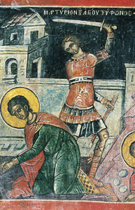 Мучения св. Трифона. Фреска. Монастырь Дионисад, 1547 г., Афон.